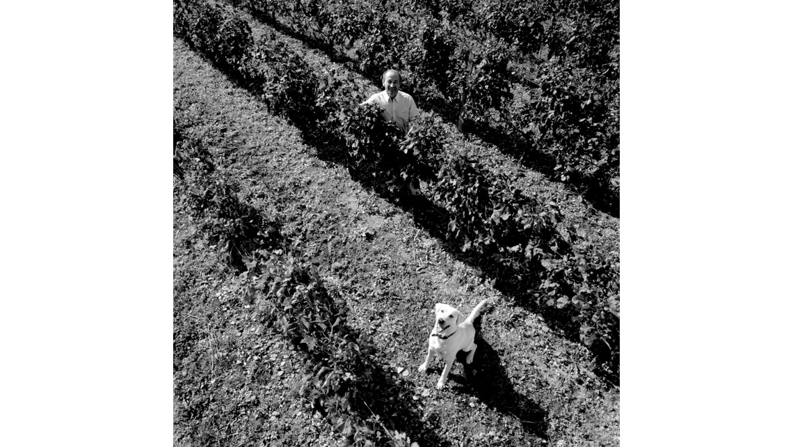 Portrait d'Alain Fabre et de son chien Ulysse, Château Guionne - Côtes de Bourg ; © Richard Nourry